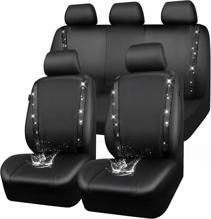 CAR PASS Leather Bling Diamond Car Seat Covers Full Set, Shining Rhinestone Waterproof Durable Rear with Zipper, Universal Fit Automotive Glitter Crystal Sparkle Strip for Cute Women Girly Black - Image 1